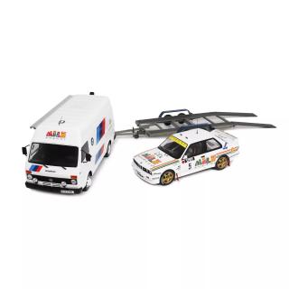 Pack BMW M3 Gr.A Rally + Volkswagen LT Assistance + Autotransportanhänger Rallye 1000 Lakes 1988 Ari Vatanen /  Bruno Berglund  OttO mobile 1:18 Resinemodell (Türen, Motorhaube... nicht zu öffnen!)